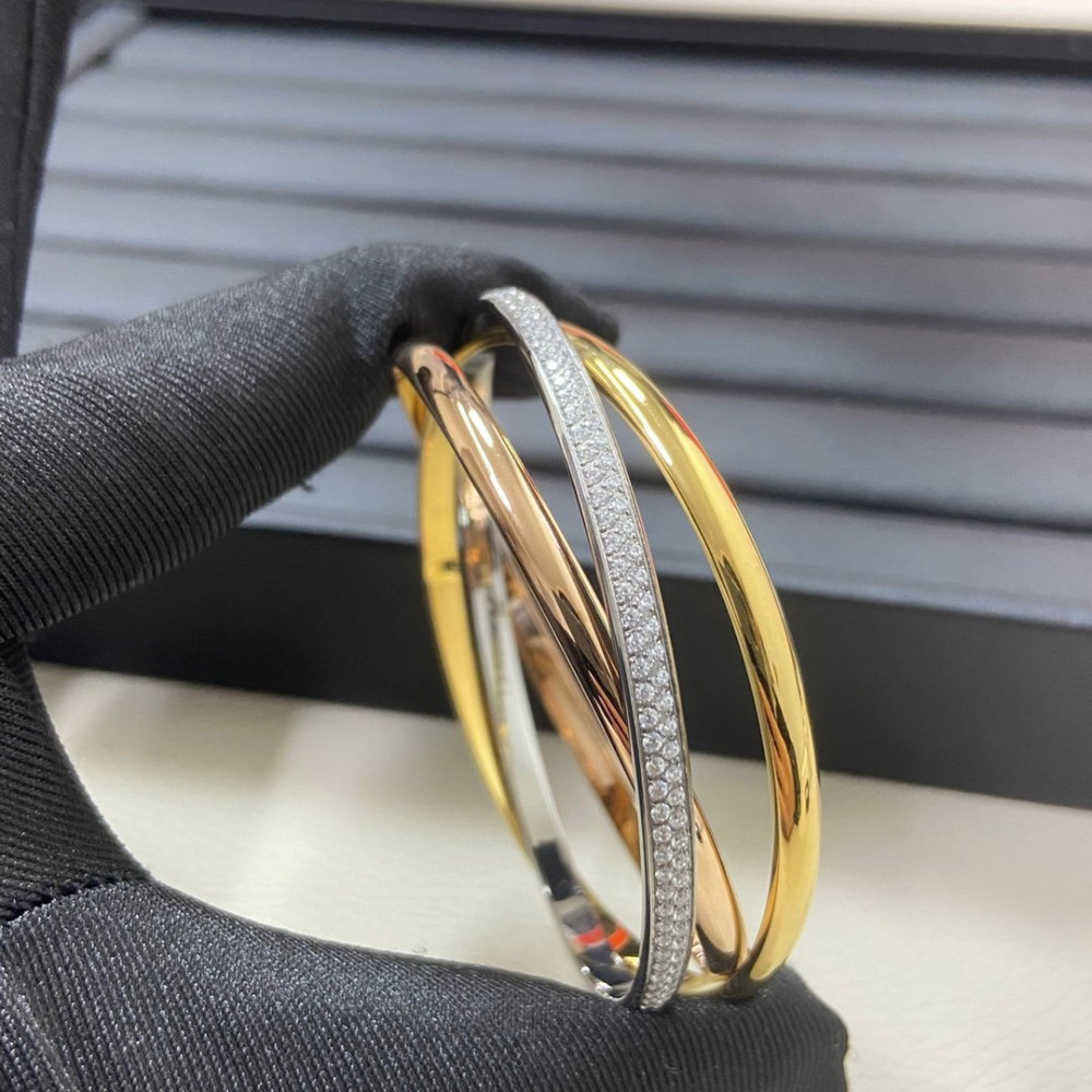 Cartier 3Circle Bangle With Full Diamonds On Silver, Regular Size