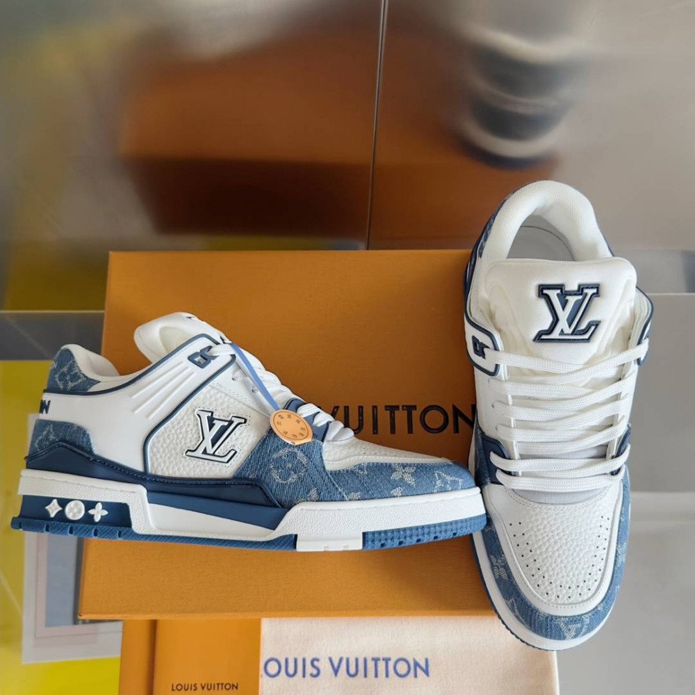 LV Trainer Sneaker Blue Jeans and White-069