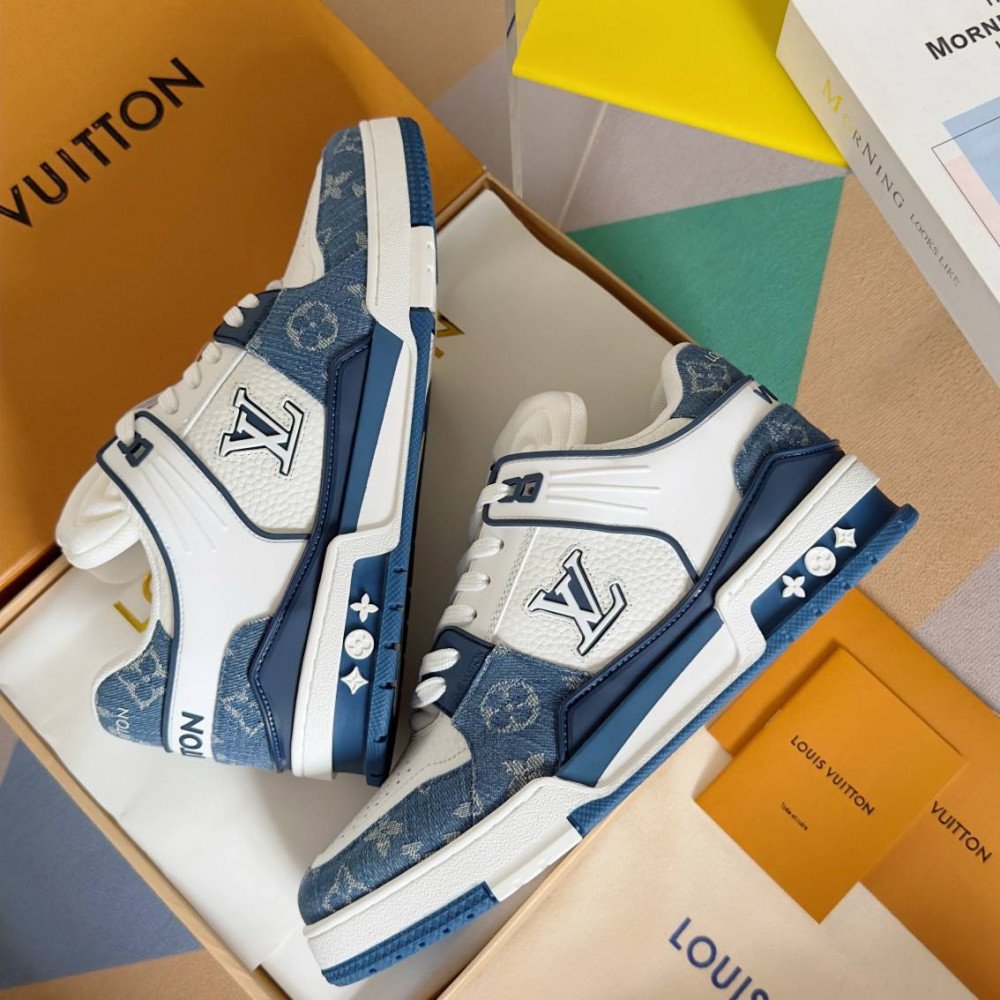 LV Trainer Sneaker Blue Jeans and White-069